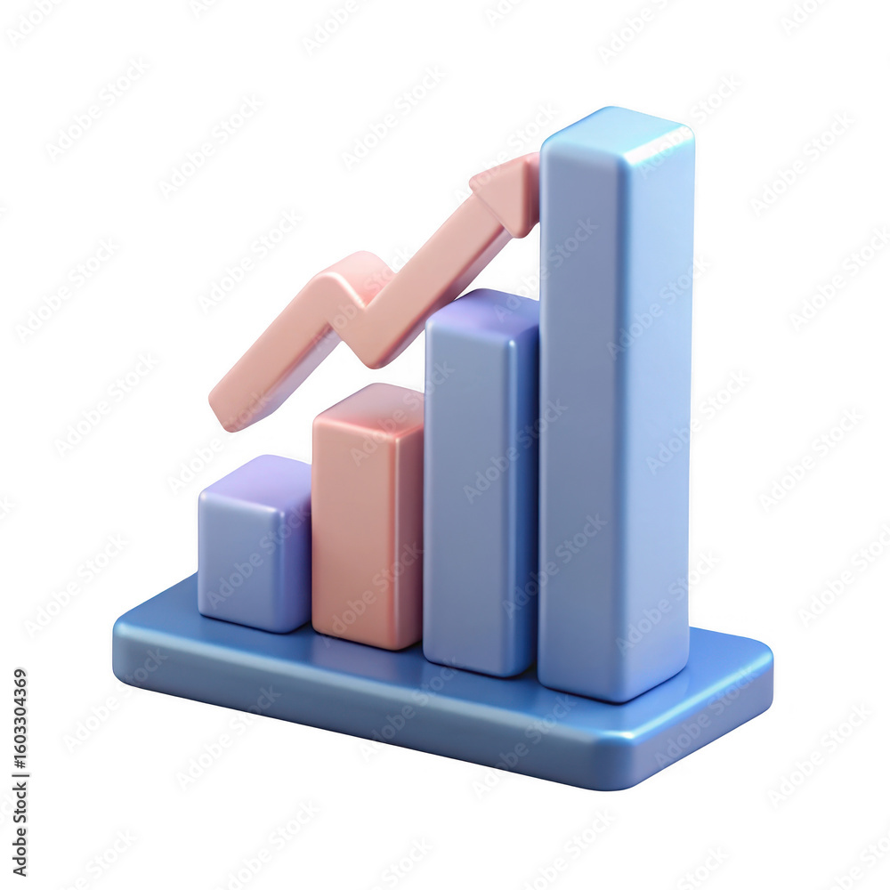 Poster 3d bar graph with arrow on transparent background