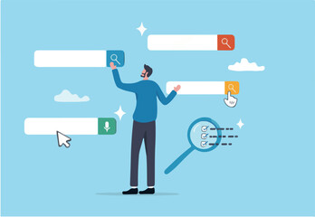 Search or discover new information, find new job or career available, research and analyze information, SEO website optimization, searching concept, businessman search new job on virtual search box