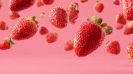 Juicy red strawberries appear to fall through the air against a soft pink backdrop. 