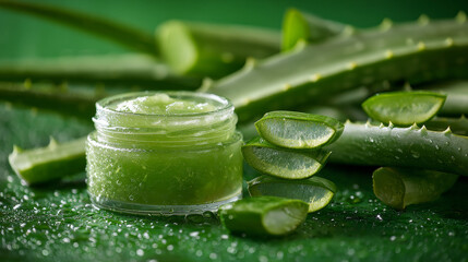 Juicy slices of aloe vera and natural gel rest on a moist green background, conveying a message of herbal skincare and cosmetics. 