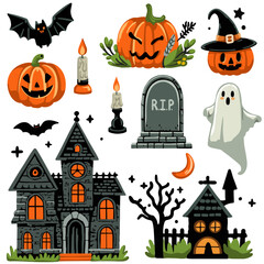 Halloween Elements Collection – Seamless Spooky and Cute Designs with Pumpkins, Ghosts, Witches, Bats, and Trick-or-Treat Elements