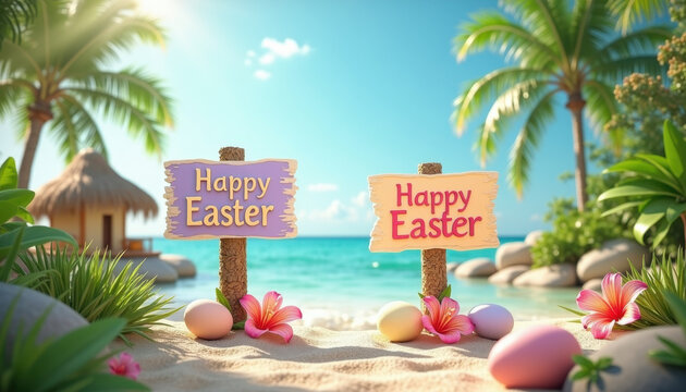 Pastel "Happy Easter" signs on tiki-style stands surrounded by vibrant flowers and Easter eggs, tropical beach background, cheerful holiday celebration concept.