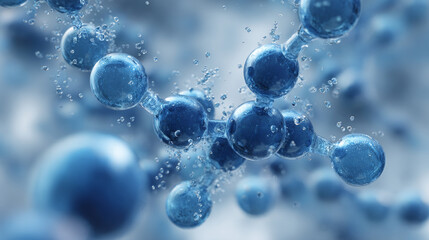 A 3D depiction of hyaluronic acid features hydrated molecular structures and blue spheres, symbolizing cosmetic science and skincare. 