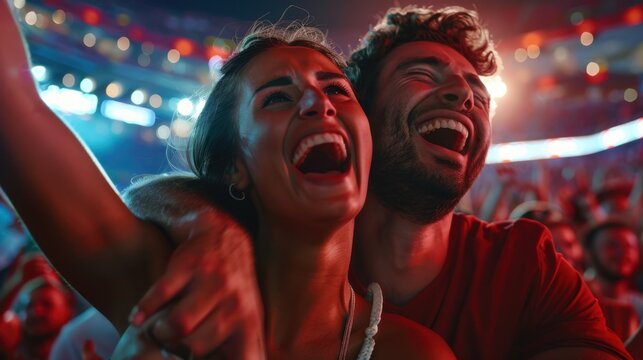 A joyful couple reacts to appearing on the kiss cam during a live event. The video captures genuine human emotions, spontaneous laughter, and a kiss, surrounded by an enthusiastic crowd. 