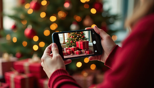 Hands photographing Christmas tree with gifts using smartphone indoors with festive bokeh lights, embodying festive joy and celebration.