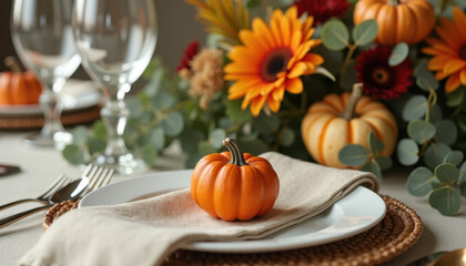 Elegant autumnal table setting featuring mini pumpkins and warm-toned florals surrounded by vibrant greenery, cozy harvest ambiance.