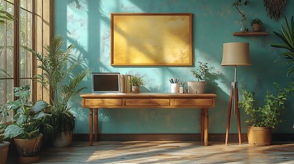 Cozy home office vibrant plants illustration images