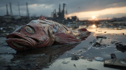 Desolate Ocean Scene Capturing the Stark Reality of Marine Life Collapse and Water Decay