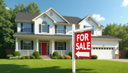 Suburban American house with a bold red "For Sale" sign in front of a manicured lawn under a bright blue sky, symbolizing hope and new beginnings.