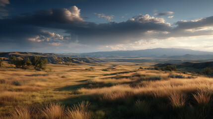 Serene Landscape of Rolling Grasslands Under a Dramatic Clouded Sky