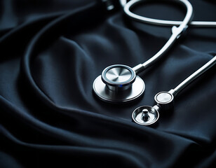 A stethoscope elegantly placed on a dark satin backdrop