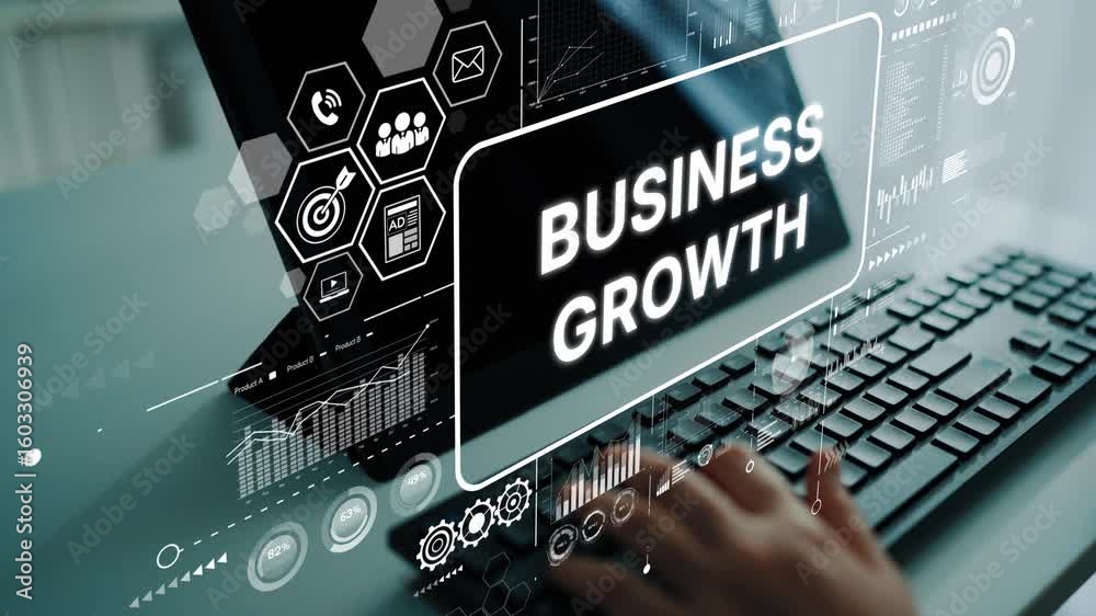 Poster business growth concept with technology interface showing data analytics and keyboard interaction fo
