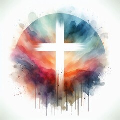 Catholic cross above radiant clouds. AI generated illustration