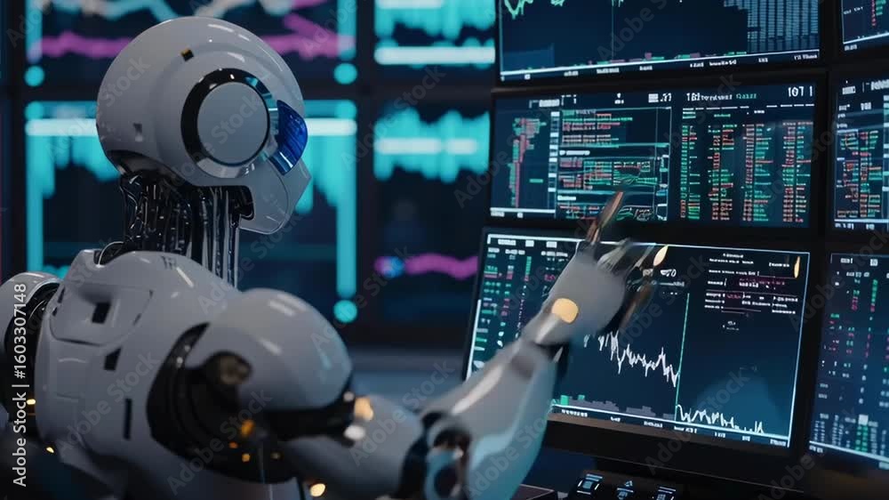 Aufkleber a robot is sitting in front of a computer monitor with a lot of numbers and graphs on it