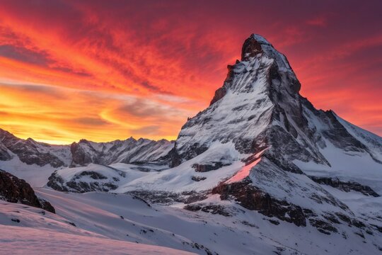 A snowy mountain peak under a vibrant sunset sky with orange and red hues in the background clouds