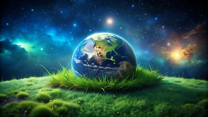 Earth resting on a grassy hill under a starry cosmic sky