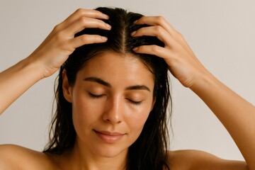Woman gently massaging her scalp while applying nourishing hair oil, enhancing relaxation and promoting healthy hair growth