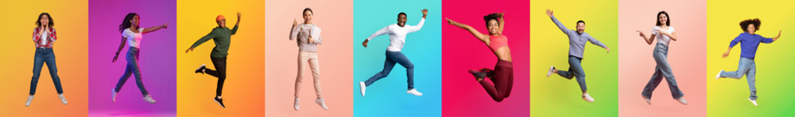 Fototapeta premium A vibrant collage showcases happy, diverse individuals jumping in celebration. Each person brings unique energy and joy, highlighting the beauty of diversity and shared happiness.