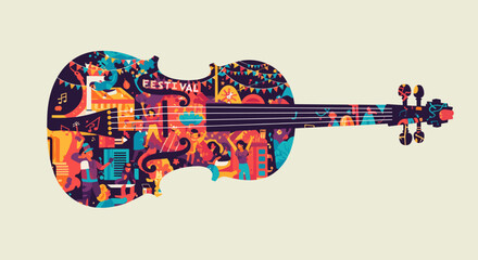 International Music Day celebration depicted within violin silhouette, colorful illustrations and copy space for poster design. Celebration of music portrayed with festive imagery and vibrant colors,