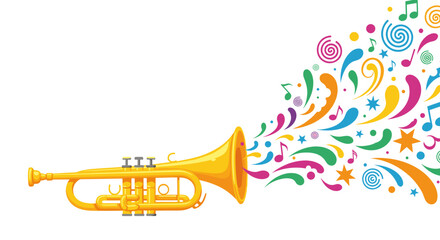 Golden trumpet emits colorful swirls and musical notes, creating a vibrant scene. Trumpet radiates melody and rhythm, enhanced by playful swirls and vibrant notes.