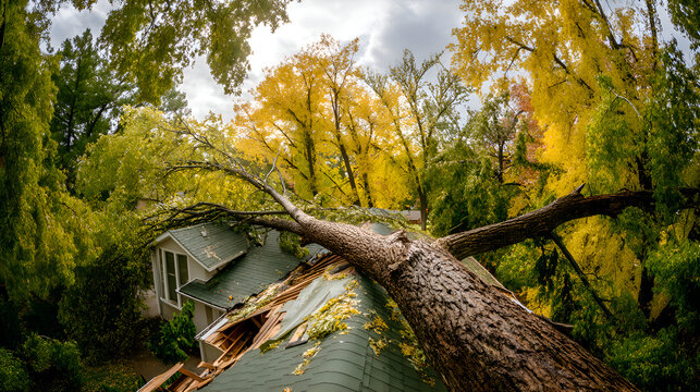 Large tree fallen on house roof after storm damage