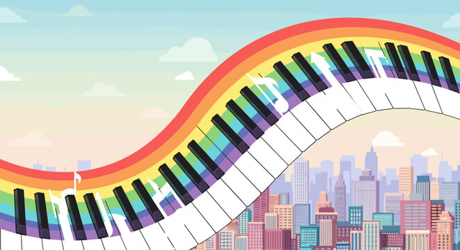 International Music Day celebration with rainbow colored piano keys over city buildings. International Music Day concept includes piano keys arranged in wave form above cityscape. - Powered by Adobe