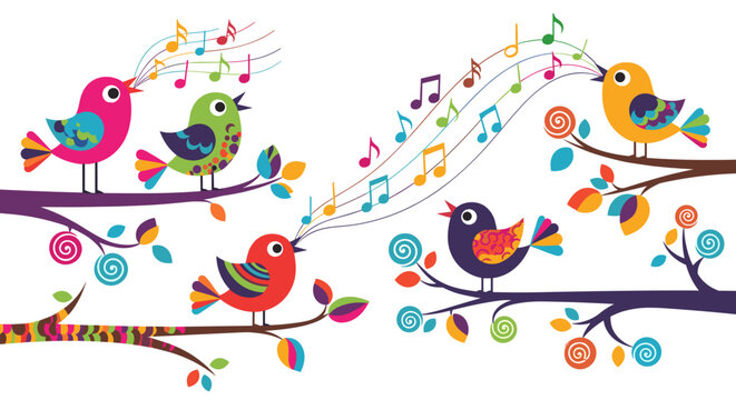 Singing Birds on Branches, Music Notes, for International Music Day