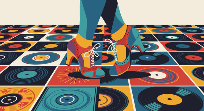 International Music Day celebration featuring colorful platform shoes standing on records. International Music Day is expressed through festive footwear and classic vinyl records,