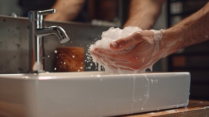 A woman washing hands with liquid soap in a bathroom. Handwashing concept.