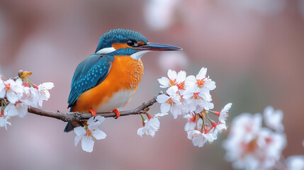 A vibrant kingfisher perches gracefully on a branch adorned with delicate blossoms.