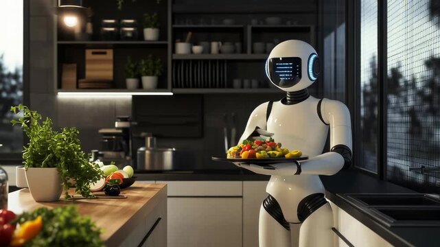 A robot is holding a tray of food in a kitchen. The robot is white and has a blue face. The kitchen is well-stocked with various items, including a refrigerator, a sink, and a microwave