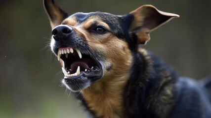 A dog with its mouth open and teeth bared. The dog is angry and ready to attack