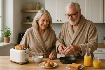 Senior couple in matching robes preparing breakfast with toast and eggs, sharing a moment in a cozy, sunlit kitchen