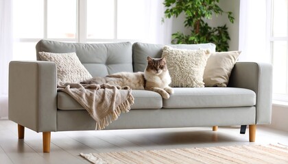Fototapeta premium Cozy cat on a light gray couch