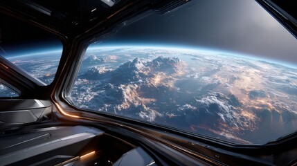 Earth From Spacecraft Cockpit Window With Sunrise View