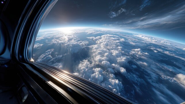 Earth Horizon Seen from Spacecraft Window at Sunrise
