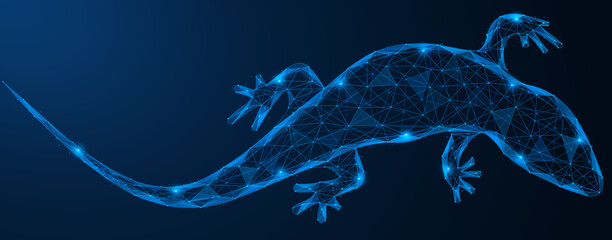 The digital lizard. Low-poly grid design and luminous joints. Blue background. © Ilya