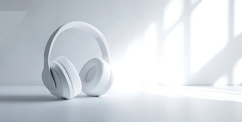 White Headphones Mockup on Glossy Surface with Soft Natural Light

