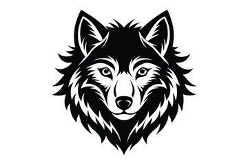 Striking Black and White Wolf Head Illustration with Intricate Details and Sharp Lines