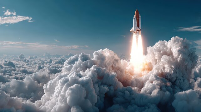 Space Shuttle Launching Through Clouds Into Blue Sky