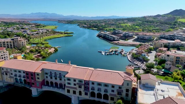 Aerial Lake Las Vegas Bridge Marina and Waterfront Homes Fly Over Forward