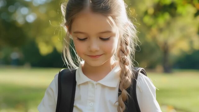 A young girl with braided hair is smiling and looking at the camera. She is wearing a white shirt and a black backpack