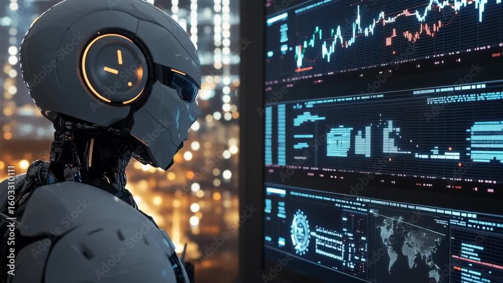 Aufkleber a robot is looking at a computer screen with a lot of numbers and graphs. the robot appears to be fo