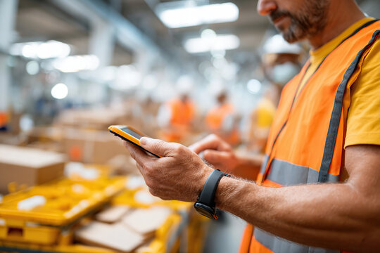 Worker checks smartphone in a busy warehouse during afternoon shifts
