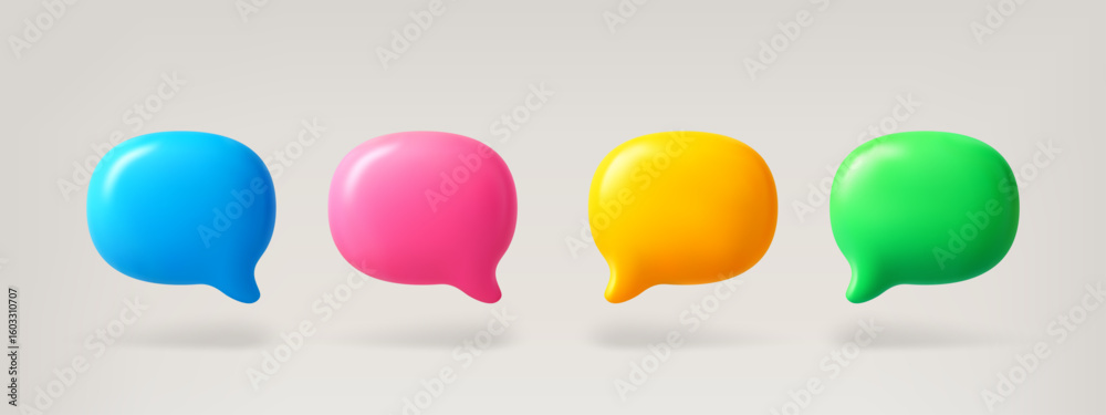 Wall mural group of colorful 3d speech bubble vector, blank dialogue box for message and thought communication 