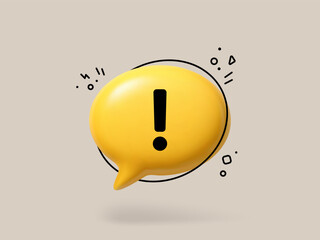 Yellow 3d speech bubble with an exclamation mark. Important message concept for notifications and alerts. Modern attention symbol.