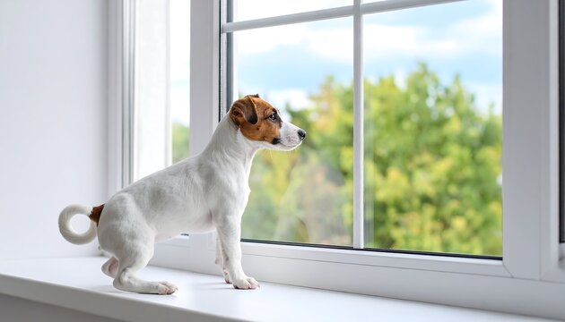 A small dog stands at a window, looking out