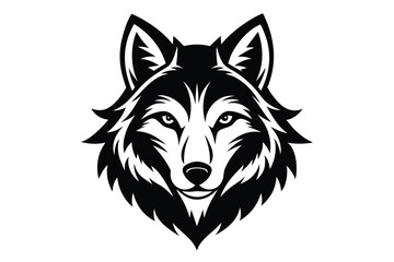 Black and White Wolf Head Illustration with Fur Details and Pointed Ears Design
