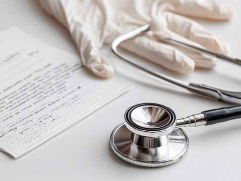 A stethoscope rests on a medical document beside a pair of white latex gloves, symbolizing healthcare, patient examination, and the importance of proper medical documentation and hygiene.