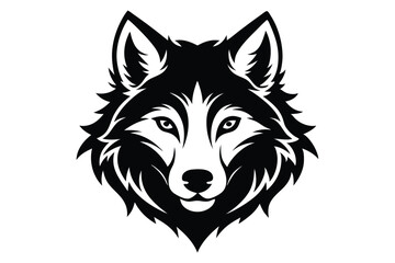 Stylized Black and White Vector Graphic of a Wolf Head with Furry Detail